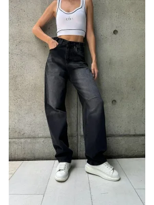 Siyah Premium Ayarlanabilir Yan Kemer Tokalı Baggy Jeans