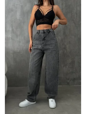 Füme Premium Yıkamalı Kemerli Baggy Jeans