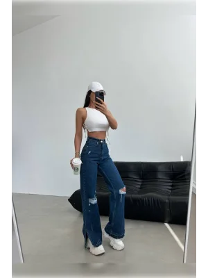 Lazer Detaylı Koyu Mavi Premium Yıkamalı Wide Leg Jeans