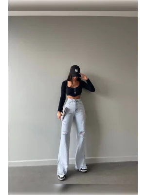 Buz Mavi Lazer Detaylı Premium Yıkamalı Wide Leg Jeans
