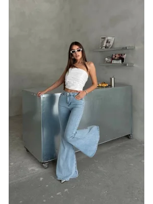 Extra Geniş Paça Yüksek Bel Likralı İspanyol Jeans