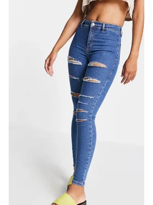 Yırtık Mavi Yüksek Bel Skinny Fit Jean Likralı Önü Cepsiz Tayt Pantolon