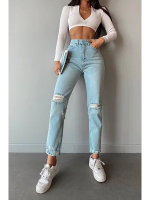 Premium Yırtık Mavi Mom Jeans