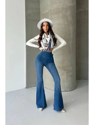 Mavi Extra Geniş Paça Tayt Formunda Yüksek Bel Likralı İspanyol Jeans