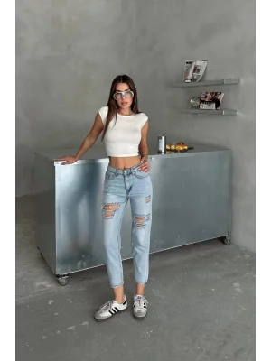 Kadın Yüksek Bel Mom Jean Yırtık Detaylı Buz Mavi Rahat Kesim Denim Pantolon