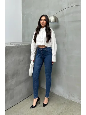 Kadın Orta Mavi Yüksek Bel Skinny Jean Pantolon Dar Paça Toparlayıcı Esnek Denim Kot