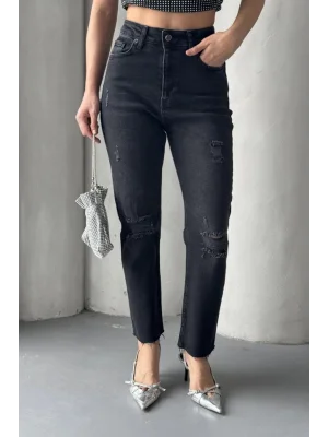 Kadın Antrasit Yırtık Detaylı Mom Jean Yüksek Bel Rahat Kalıp Denim Pantolon