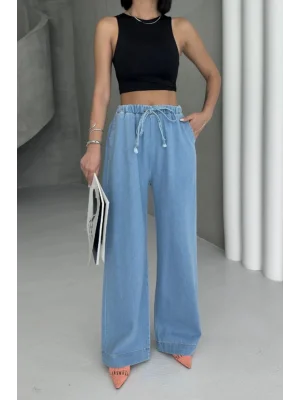 Beli Lastikli Palazzo Pantolon Orta Mavi Yüksek Bel Bol Paça Rahat Salaş Kadın Pantolon