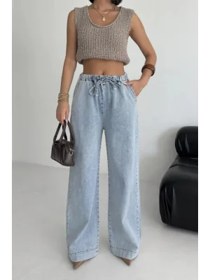 Beli Lastikli Palazzo Pantolon Açık Mavi Yüksek Bel Bol Paça Rahat Salaş Kadın Pantolon