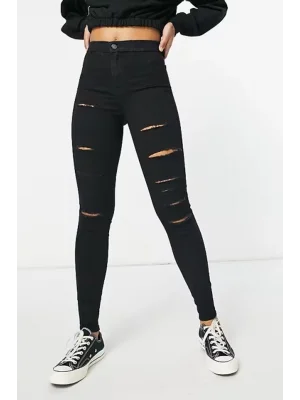 Yırtık Siyah Yüksek Bel Skinny Fit Jean Likralı Cepsiz Tayt Pantolon