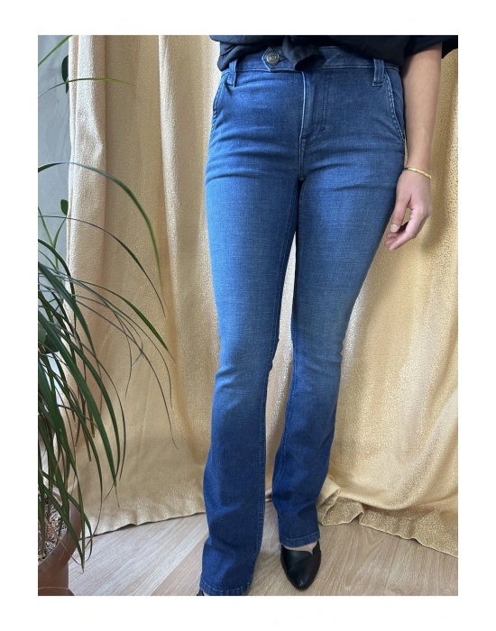 Lacivert Cep Kapak Detay Likralı İspanyol Paça Kot Pantolon