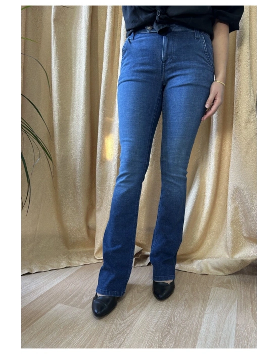 Lacivert Cep Kapak Detay Likralı İspanyol Paça Kot Pantolon