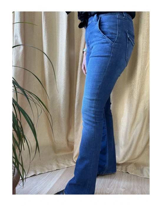 Lacivert Cep Kapak Detay Likralı İspanyol Paça Kot Pantolon