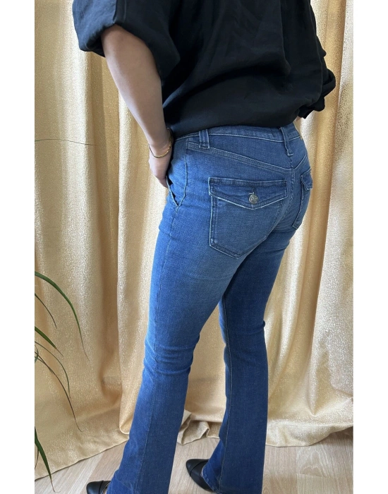 Lacivert Cep Kapak Detay Likralı İspanyol Paça Kot Pantolon