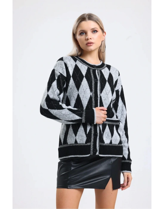 Kadın Baklava Desen Simli Nakışlı Triko Hırka