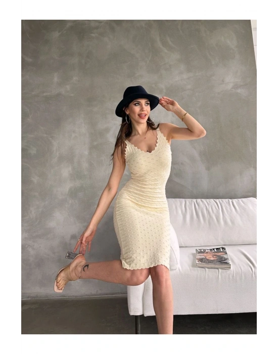 Kadın Askılı Delik Ajurlu Triko Elbise Krem