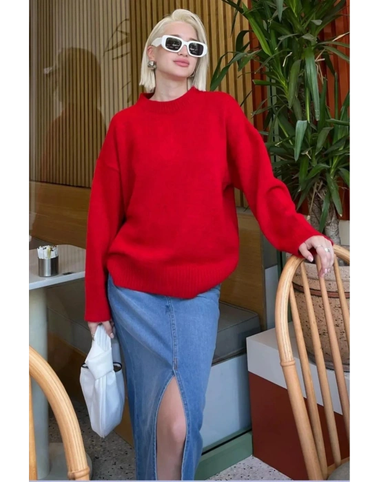 Kırmızı Bisiklet Yaka Oversize Triko Kadın Kazak