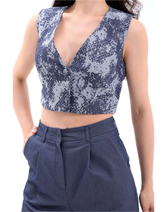 Kadın Lacivert Yüksek Bel Crop Short Takım