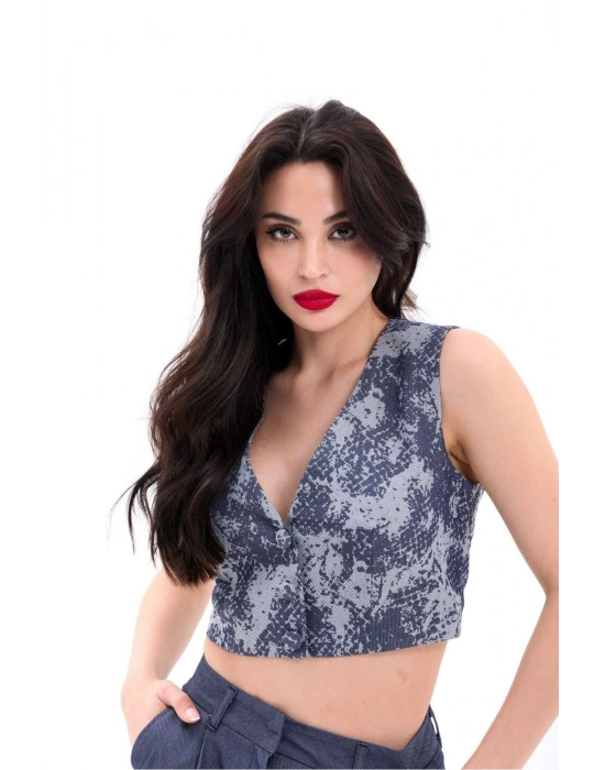 Kadın Lacivert Yüksek Bel Crop Short Takım