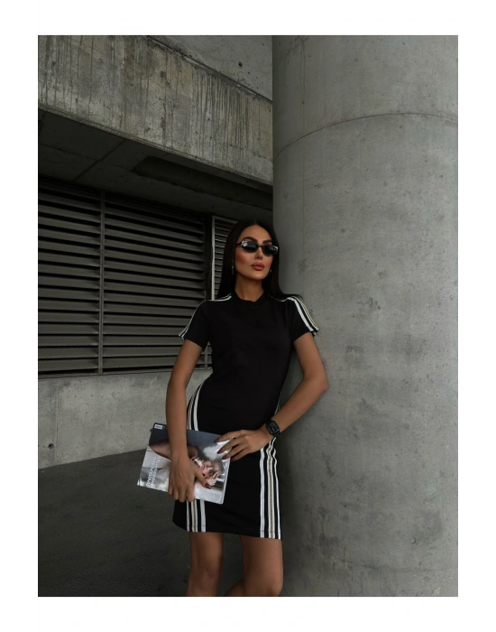 Kadın Sim Şerit Detaylı Kısa Kol Siyah Elbise