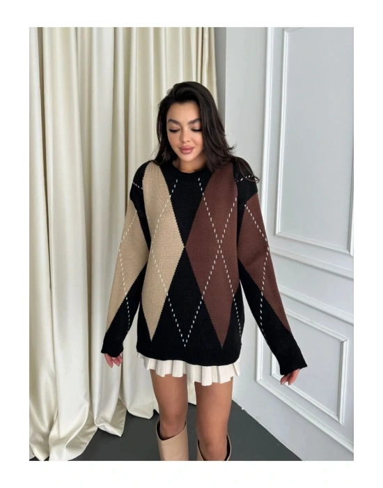 Kadın Baklava Desenli Kahverengi Oversize Triko Kazak