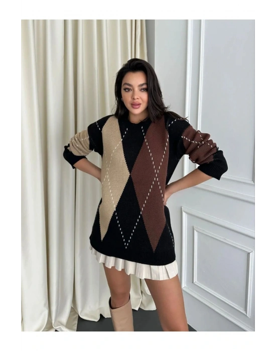 Kadın Baklava Desenli Kahverengi Oversize Triko Kazak