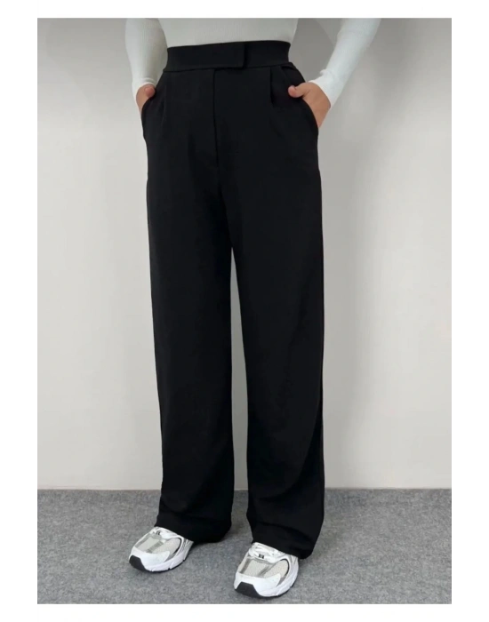 Siyah Likralı Cırt Kapama Kadın Palazzo Pantolon