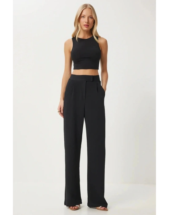 Siyah Likralı Cırt Kapama Kadın Palazzo Pantolon