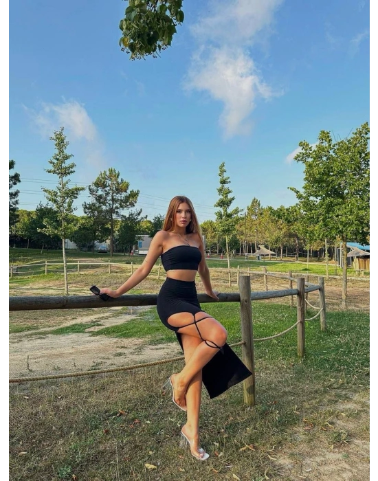 Kadın Sandy Kumaş Etek Bağcık Detay İkili Siyah Takım