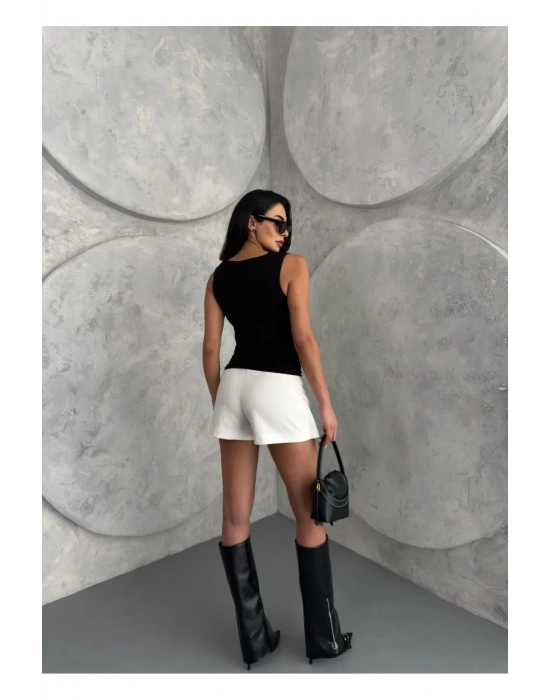 Kadın Siyah Degaje Yaka Dökümlü Drapeli Kolsuz Bluz