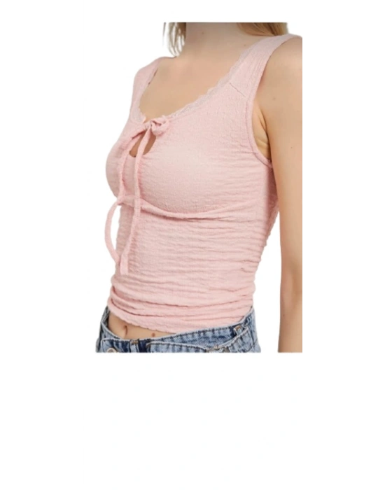 Kadın Yaka Bağcıklı Dantel Detay Kolsuz Bluz