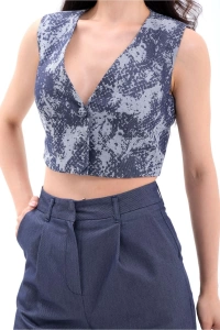 Kadın Lacivert Yüksek Bel Crop Short Takım