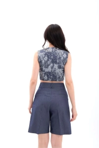 Kadın Lacivert Yüksek Bel Crop Short Takım