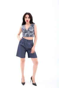 Kadın Lacivert Yüksek Bel Crop Short Takım