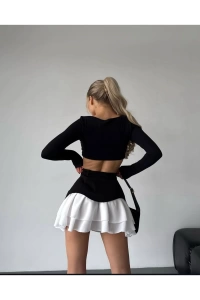 Kadın İki Renkli Fırfır Datay Gabardin Siyah - Beyaz Etek