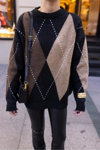 Kahve Baklava Desen Oversize Triko