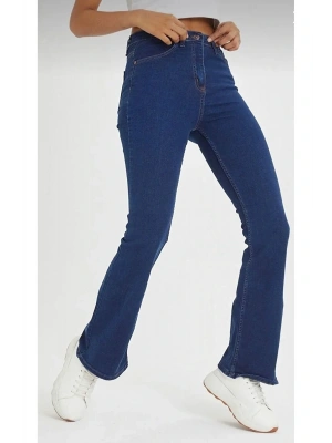 Kadın Büyük Beden Koyu Mavi Yarım Ispanyol Paça Pantolon