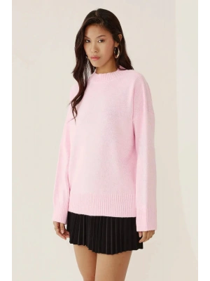 Pembe Bisiklet Yaka Oversize Triko Kadın Kazak