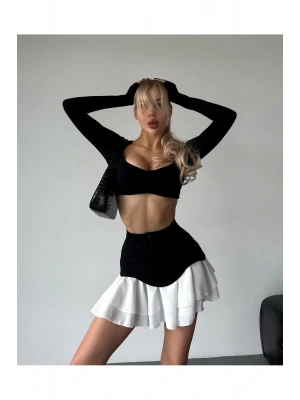 Kadın İki Renkli Fırfır Datay Gabardin Siyah - Beyaz Etek