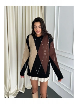 Kadın Baklava Desenli Kahverengi Oversize Triko Kazak