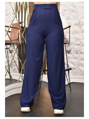 Kadın Lacivert Yüksek Bel Cırtlı Palazzo Pantolon