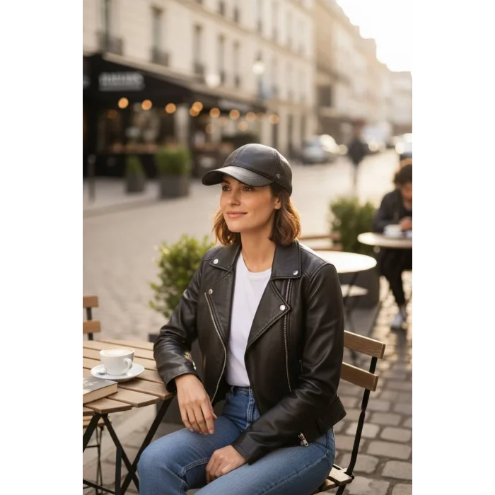 Karnas Bayan Siyah Deri Spor Şapka – Standart Beden & Günlük Kombinlere Uyumlu Stil