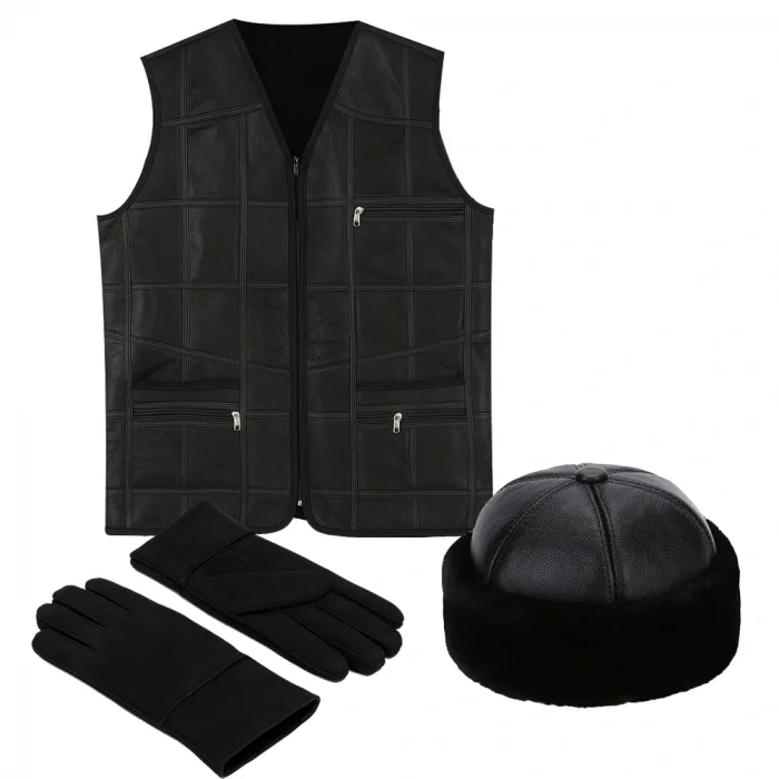 PREMIUM DERİ SET – YELEK, ELDİVEN, DERİ BÖRK ŞAPKA