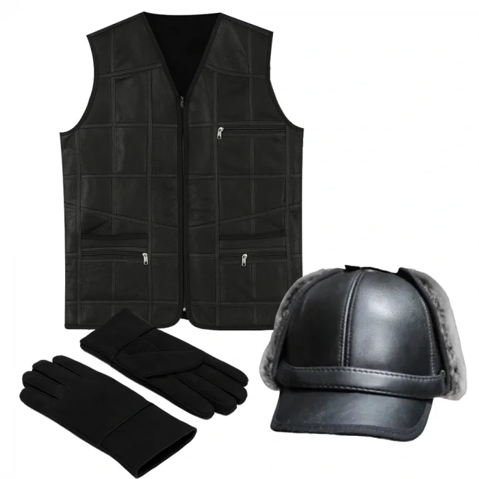 PREMIUM DERİ SET – YELEK, ELDİVEN, DERİ PİLOT ŞAPKA