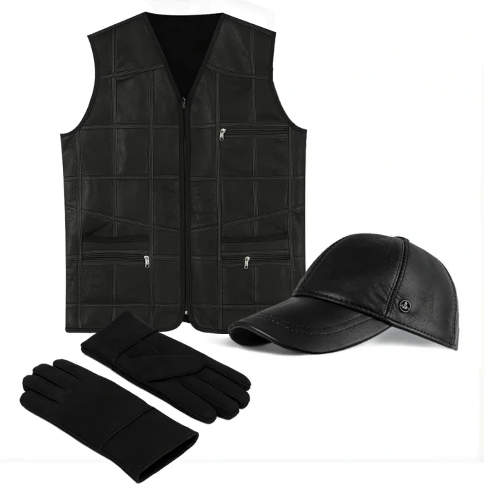 PREMIUM DERİ SET – YELEK, ELDİVEN, DERİ SPOR CAP