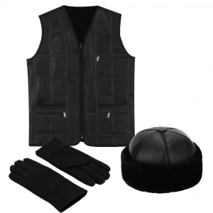 PREMIUM DERİ SET – YELEK, ELDİVEN, DERİ BÖRK ŞAPKA