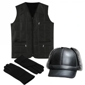 PREMIUM DERİ SET – YELEK, ELDİVEN, DERİ PİLOT ŞAPKA