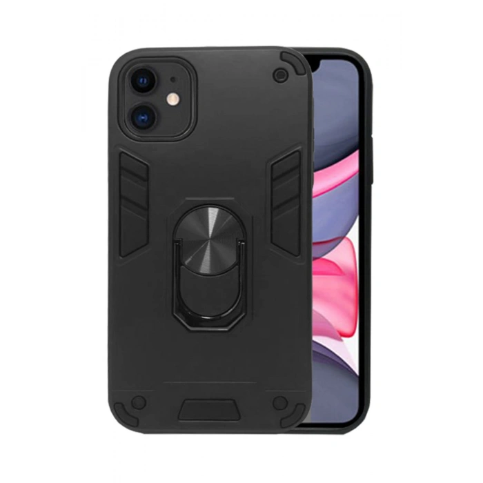 Apple Iphone 11 Kılıf Vega Metal Yüzüklü Standlı Tank Silikon Siyah