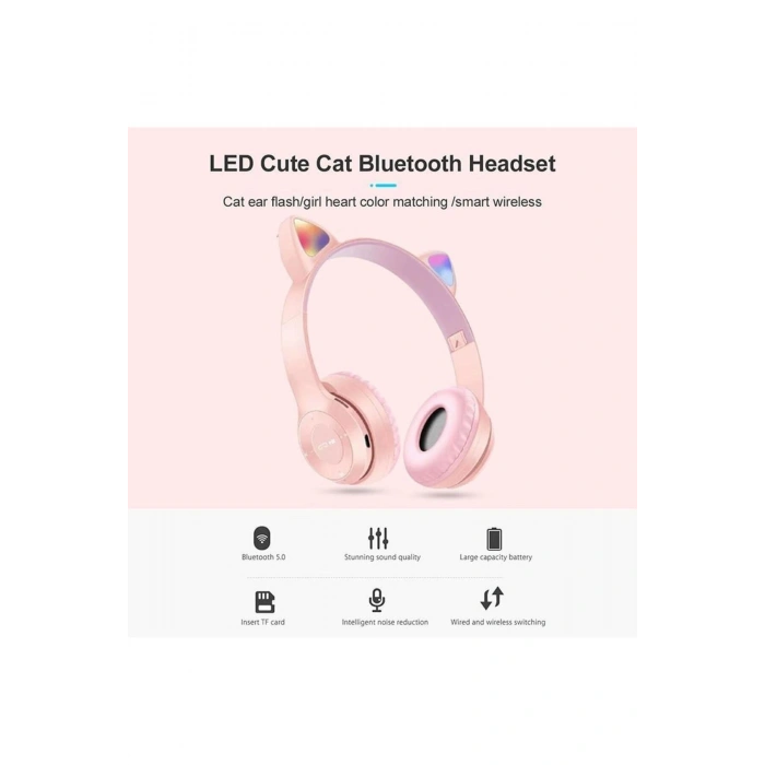 Tatlı Kedi Led Işıklı Kedi Kulağı Bluetooth Kulaklık Mikrofonlu Gürültü Önleyici Kulaklık
