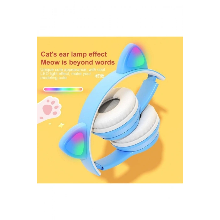 Tatlı Kedi Led Işıklı Kedi Kulağı Bluetooth Kulaklık Mikrofonlu Gürültü Önleyici Kulaklık